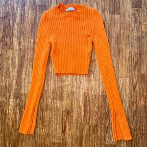 ZARA Orange Ribbed Crop Sweater S Long Flare Sleeve Y2K Stretch Knit Top Velma